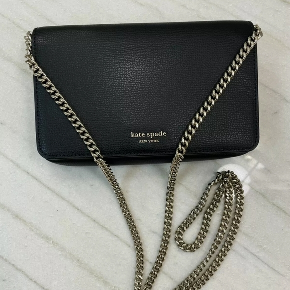 Kate Spade Syliva Flap Black Leather Chain Wallet Crossbody NWOT - Picture 2 of 11